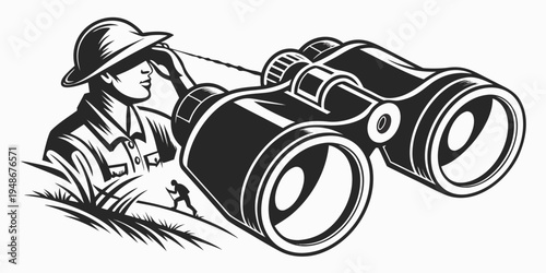 a man wearing a safari hat looks through binoculars Vector