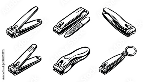 Various hand-drawn nail clippers in different styles, some with integrated files or keyrings, for personal grooming and hygiene.
