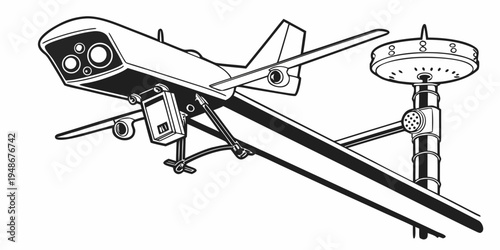 a black and white drawing of a drone on a launcher Vector