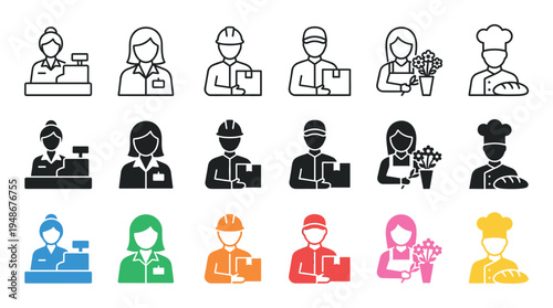 Diverse set of professional occupation icons, depicting various workers such as cashiers, delivery people, florists, and chefs in different styles and colors.