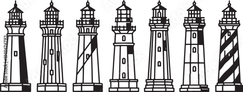 A collection of seven distinct lighthouse designs with varying patterns and structures. Vector