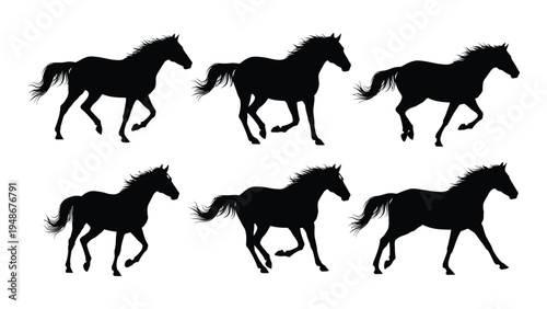 Collection of six black horse silhouettes in various running positions on white background for equestrian and equine themes