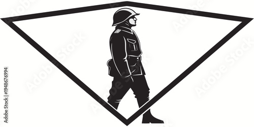 a man in a hard hat and uniform walks through a triangular area Vector
