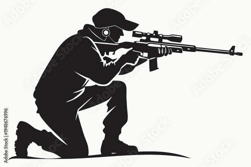 a man in a kneeling position aiming a rifle Vector