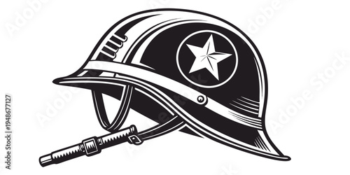 a black military helmet with a white star Vector