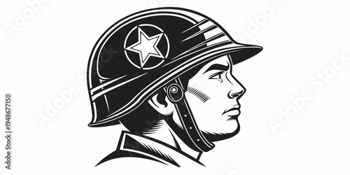 a man wearing a military helmet with a star on it Vector