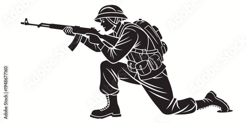a soldier is kneeling and aiming a rifle Vector