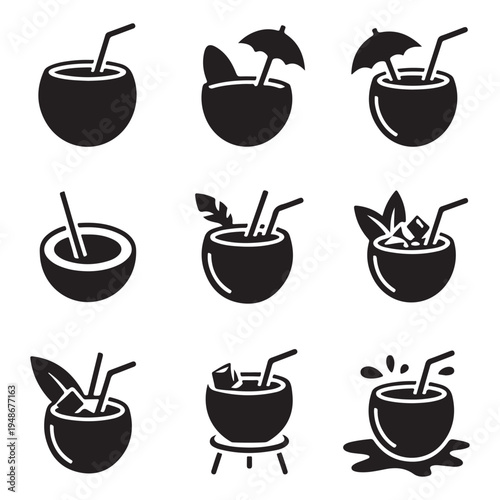 Coconut Drink Icons Set illustration