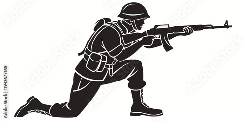 a soldier is crouching down and aiming a rifle Vector
