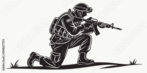 a soldier is kneeling and aiming a rifle Vector