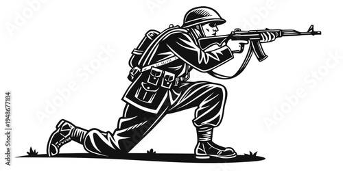 a soldier is kneeling and aiming a rifle Vector