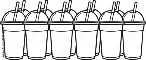 Line of identical plastic cups with straws and dome lids. Vector