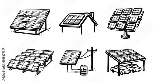 Hand-drawn black and white illustrations showcasing various solar panel installations for renewable energy.