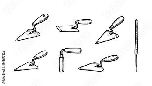 Collection of various hand-drawn trowels, including different shapes of masonry and pointing tools used for construction or gardening work.