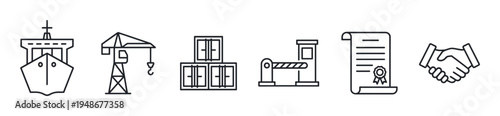 Logistics and shipping industry icons depicting various elements of global trade, transportation, and business agreements.