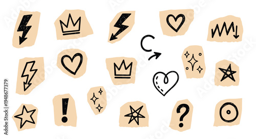 Hand drawn doodle elements set on paper scraps