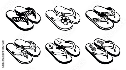 Flip-flops collection featuring various decorative designs like flowers, seashells, anchors, and pineapples, perfect for summer footwear.
