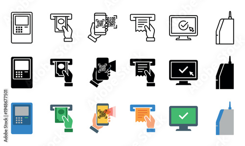 Payment icons depicting various financial transactions like ATM withdrawals, QR code payments, receipt printing, and terminal confirmations in different styles.
