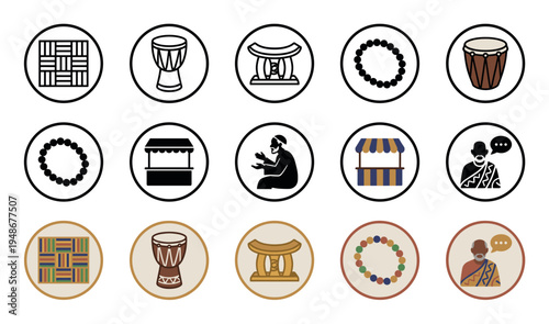Various African cultural symbols and objects are presented as outlined and colored icons in a grid.