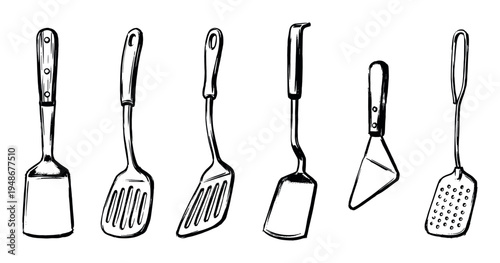 Collection of various kitchen spatulas is depicted in a hand-drawn sketch style with black lines.