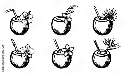 Collection of hand-drawn tropical coconut cocktails with straws and exotic flowers, perfect for summer vacation and beach-themed designs.
