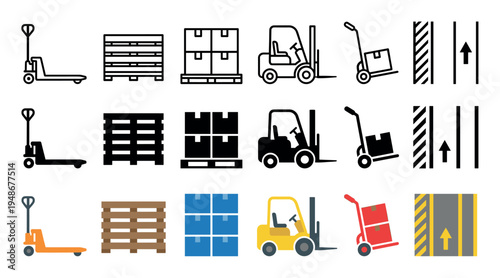 Logistics and warehouse icons featuring material handling equipment and storage symbols in outline, solid, and colorful styles.