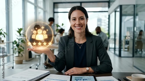 Capture a professional woman in a modern office smiling as she gestures towards a glowing, animated team icon, with a slow zoom-in to emphasize connection and collaboration in a cinematic style.