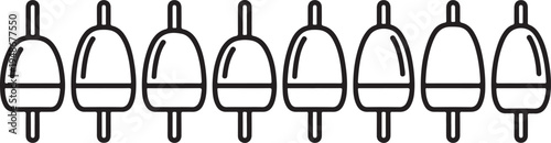 Seven identical black and white fishing bobbers lined up in a row Vector
