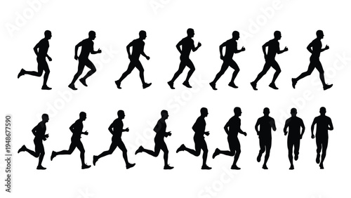 A series of black silhouette images depicting a person running in various poses, illustrating different stages of movement and action in a dynamic and energetic manner