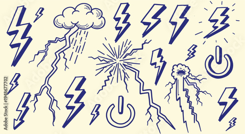 Hand drawn lightning bolt and storm cloud doodle set