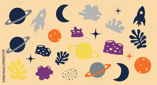 Space themed doodle icons set with planets and rockets