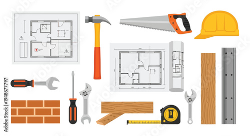 Construction tools and equipment depicted in a colorful illustrative style