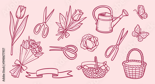 Hand drawn gardening and floral design elements collection