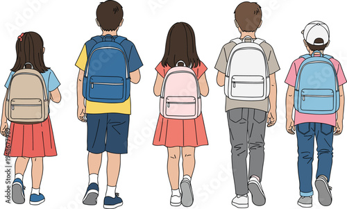 Back view illustration of five schoolchildren wearing backpacks in casual clothing, standing in a row, perfect for education, back-to-school, and childhood lifestyle concepts.