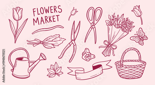 Flowers Market hand drawn doodle set with gardening tools and floral elements