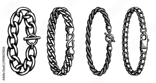 Collection of four distinct chain bracelets showcasing various metal link designs and clasp mechanisms in a detailed sketch style.