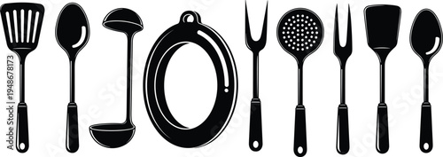 Black and white flat vector silhouette set of heavy industrial excavators and construction machinery isolated on white background for building and engineering design.