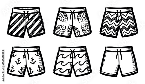 Hand-drawn collection of men's swim shorts featuring diverse patterns like stripes, leaves, anchors, and waves, perfect for summer fashion.