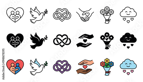 Comprehensive collection of love, peace, and care icons presented in outline, solid, and colorful styles.