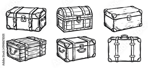 Various hand-drawn vintage wooden treasure chests and old travel trunks are depicted in a collection of illustrations.