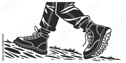 a pair of hiking boots stepping on grass Vector