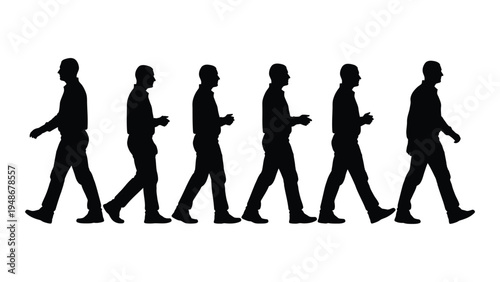 A series of silhouetted businessmen walking in a line, conveying a sense of monotony and routine in a corporate or professional setting with a focus on uniformity and conformity