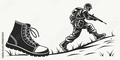 soldier creeping up to a giant boot Vector