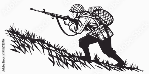 soldier in a combat position with a rifle Vector