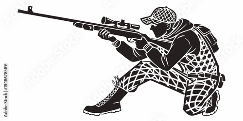 a soldier is crouched down and aiming a rifle Vector