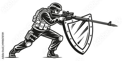 a soldier in combat gear holding a shield and spear Vector