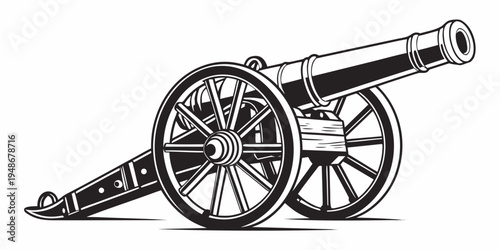 a black and white drawing of a cannon on wheels Vector
