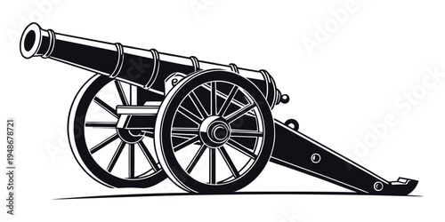a black and white drawing of a cannon on wheels Vector
