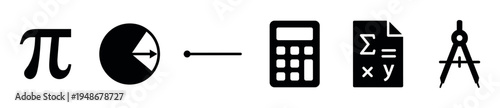 Various black silhouette icons representing mathematical concepts, tools, and calculations for education.
