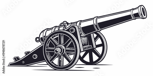 a black and white drawing of a cannon on wheels Vector